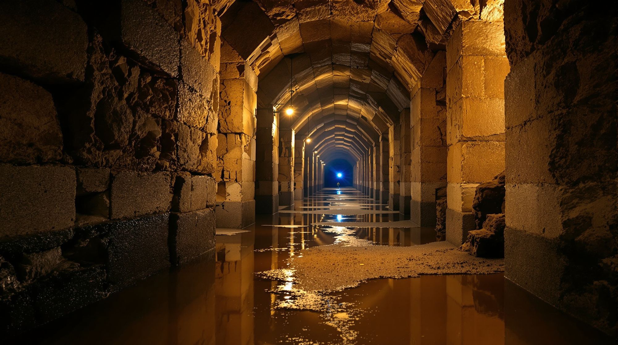 The lamplit gallery of a disused Bath stone mine, arches receding into darkness.