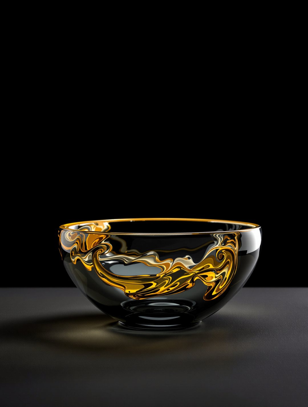 Overspill — a low smoke-glass bowl with a molten amber swirl frozen in the rim