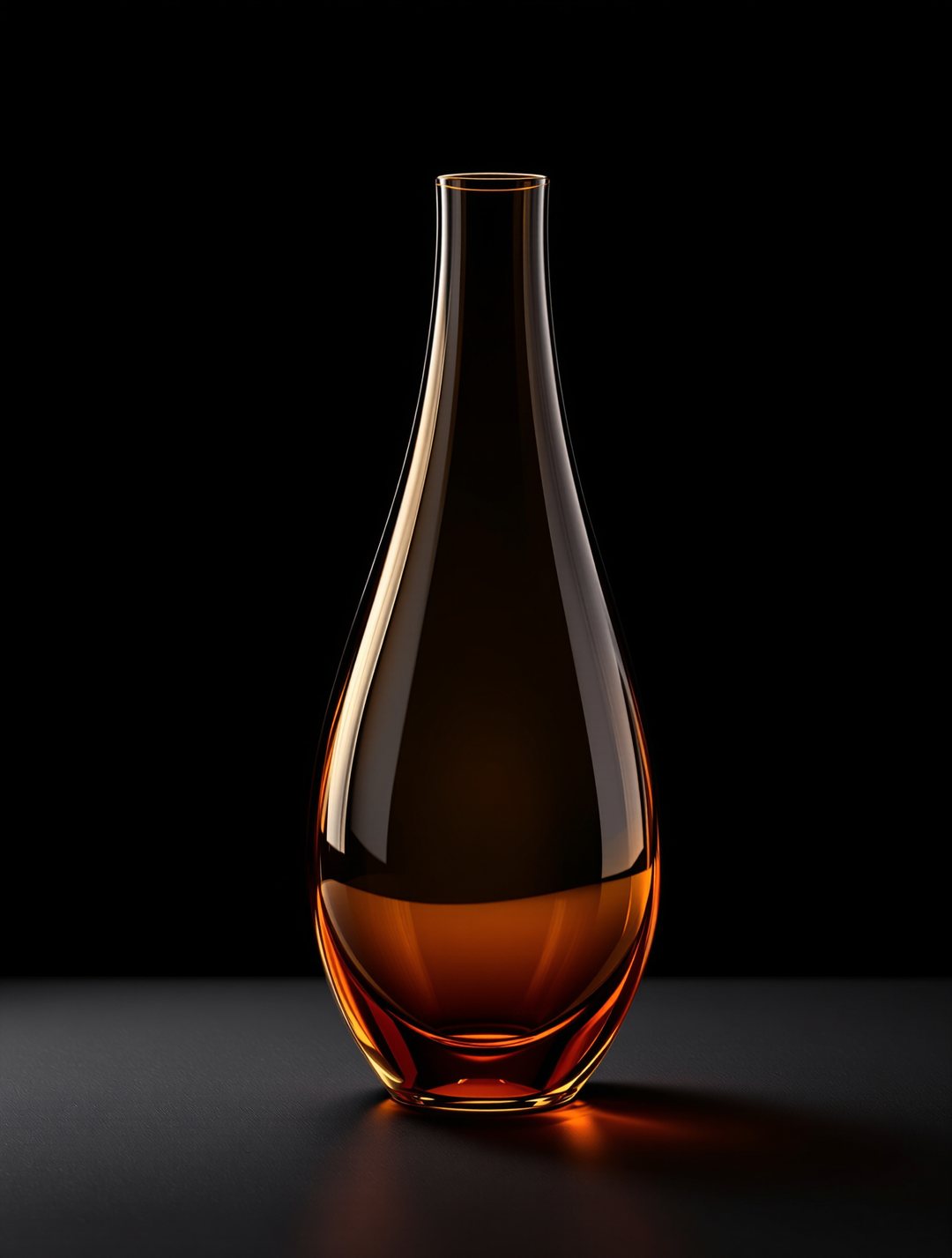 First Breath — a tall teardrop vase in deep amber glass