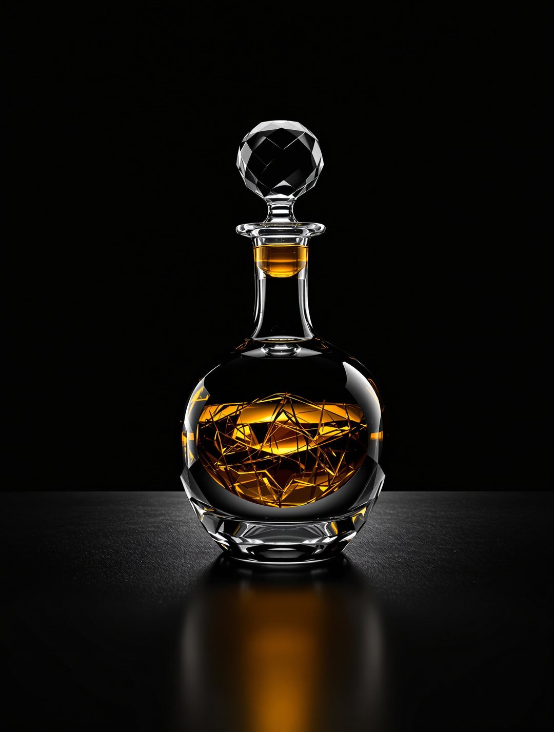 Night Round — a crystal decanter with trapped amber threads and a faceted stopper