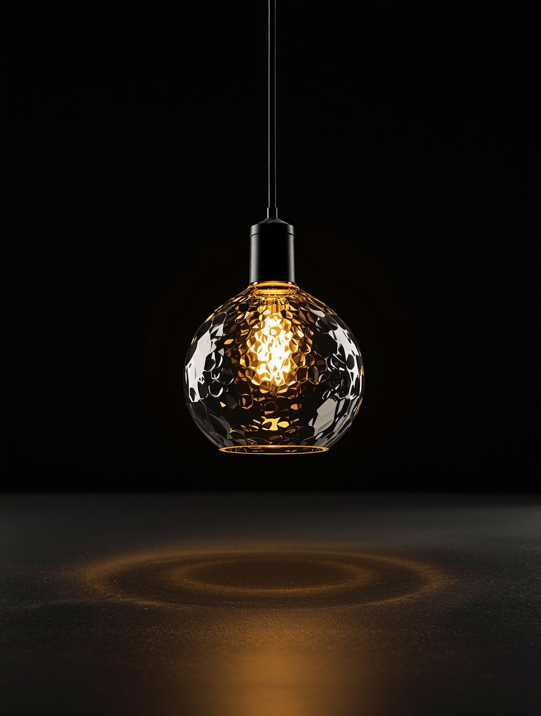 Held Light — a rippled smoke-glass pendant lamp glowing from within